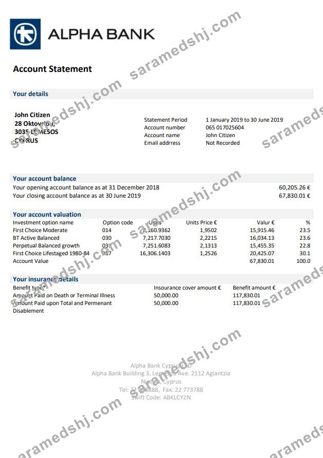Cyprus Alpha Bank statement